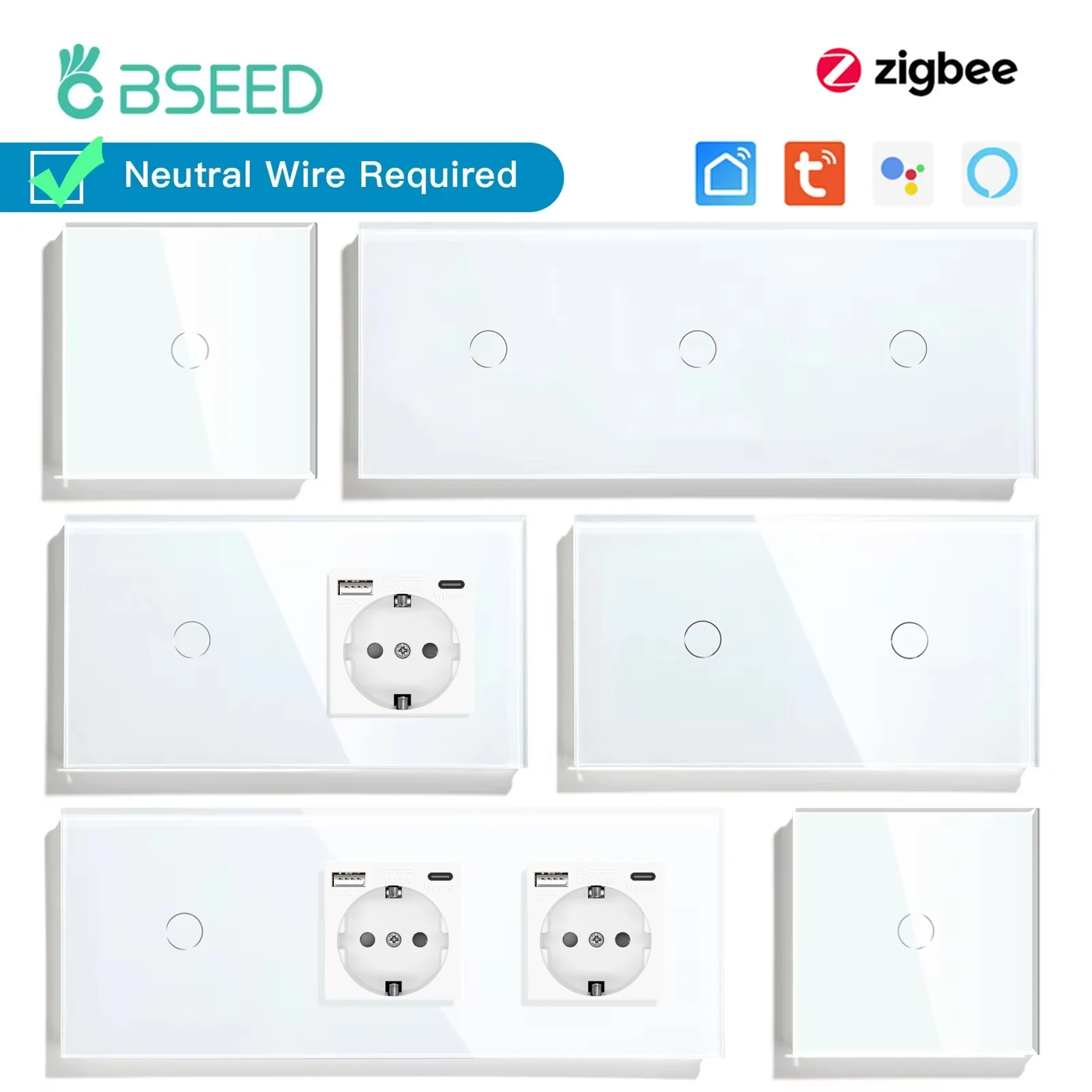 BSEED Zigbee 1/2/3Gang Touch Smart Switches Tuya Smart Life App Control Plus Type-c  USB Power Sockets EU Standard Glass Panel