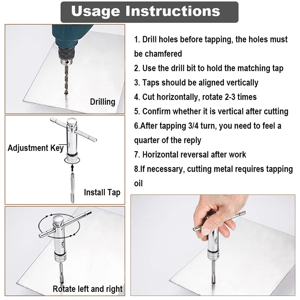 Adjustable Silver T-Handle Ratchet Tap Holder Wrench Set Hand Tools with 5pc M3-M8 Machine Screw Thread Metric Plug T-shaped Tap