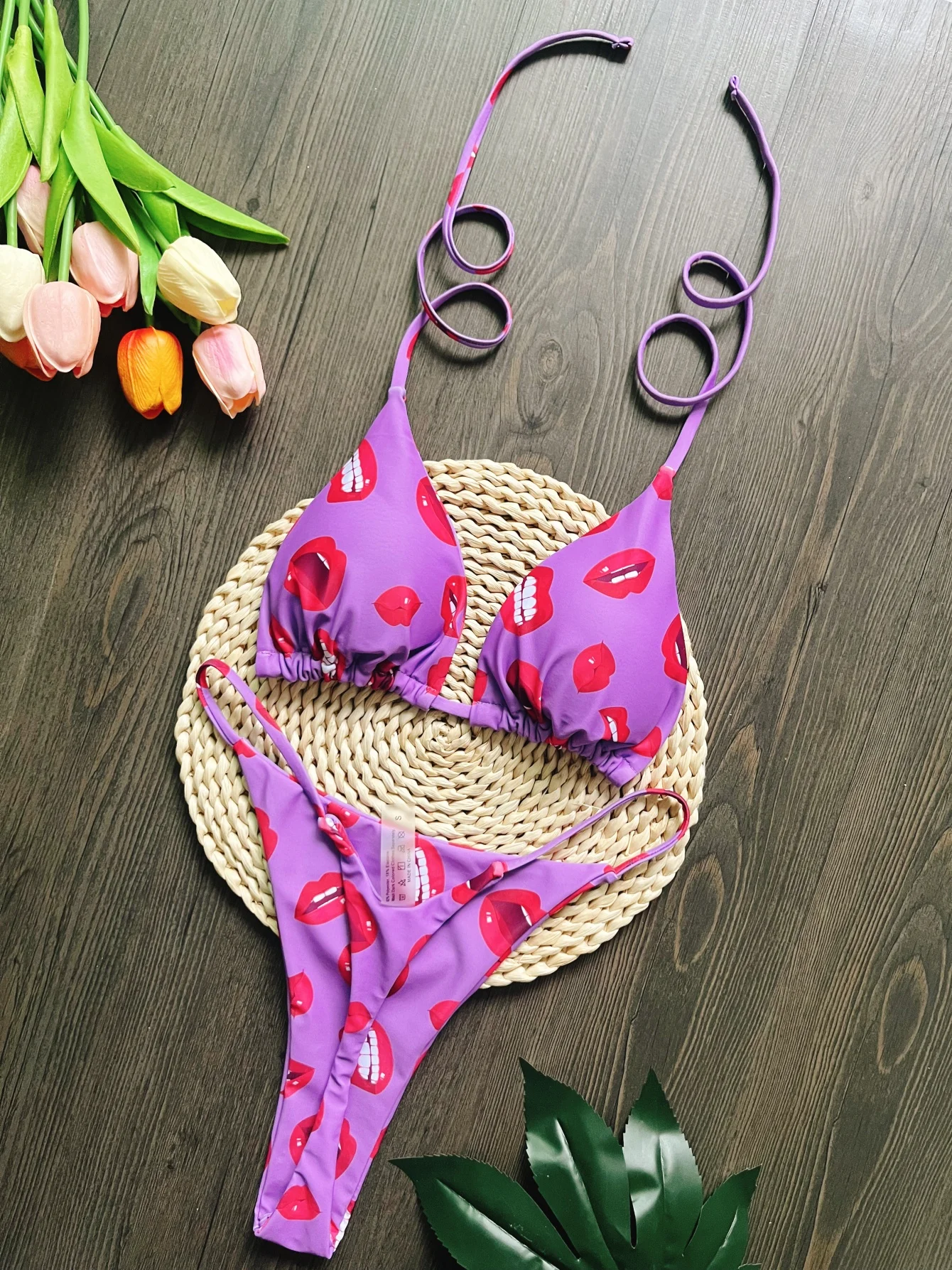 Triangle Bikini Set Print Swimsuit Sexy Swimwear Women Swimsuit Bandage Beachwear Lips Biquini String Swimsuits