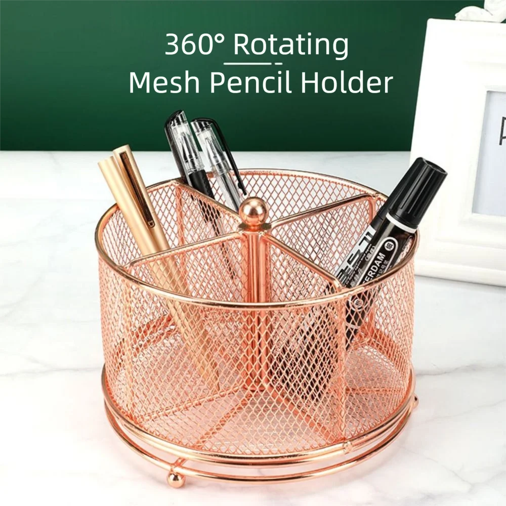 

Metal 360° Rotating Mesh Pencil Holder 4 Compartments Hollowed-out Makeup Brush Storage Bucket Creative Smooth