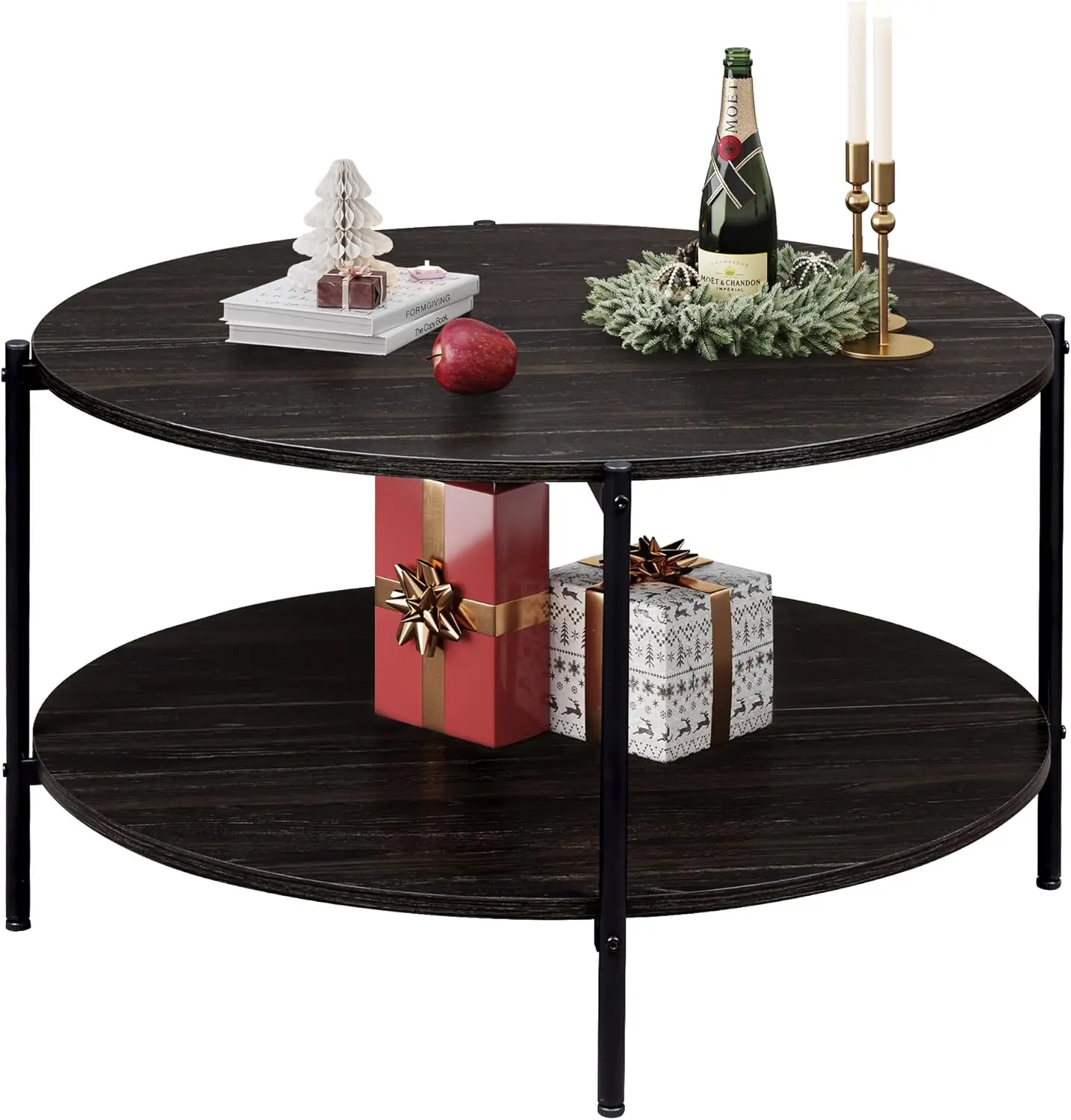 

Round Coffee Table for Living Room, 32.6inch Small Coffee Table with Open Storage Shelf, 2-Tier Industrial Circle Wood