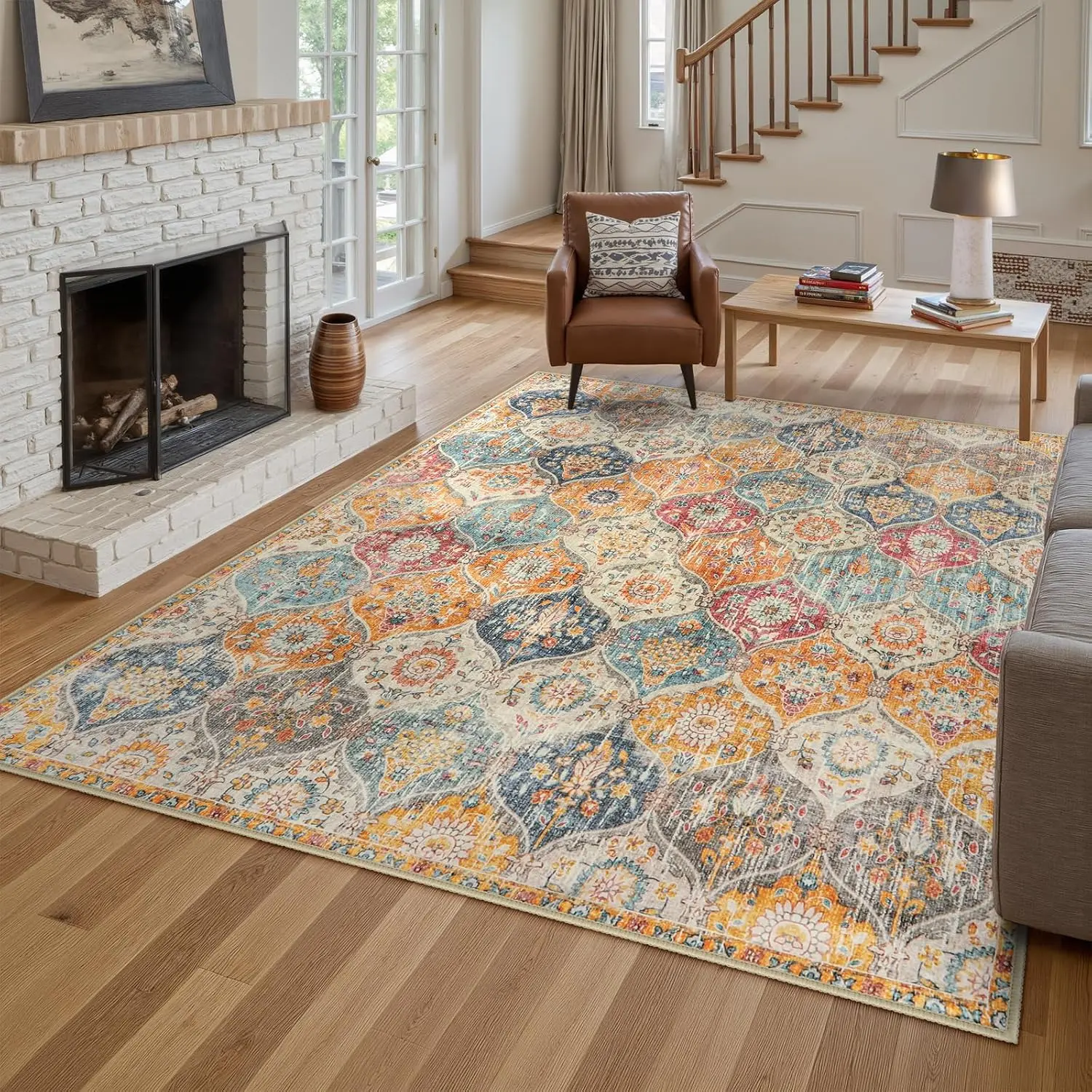 Extra Large 8x12 Moroccan Washable Area Rug Non Shedding Trellis Carpet for Bedroom Dining Room Cream Multi Home Decor