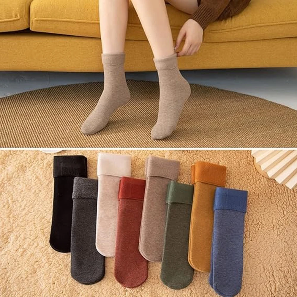 1Pairs Winter Warm Solid Women Socks Thick Thermal Wool Cashmere Blend Black Skin Seamless Snow Sock Velvet Soft Comfortable