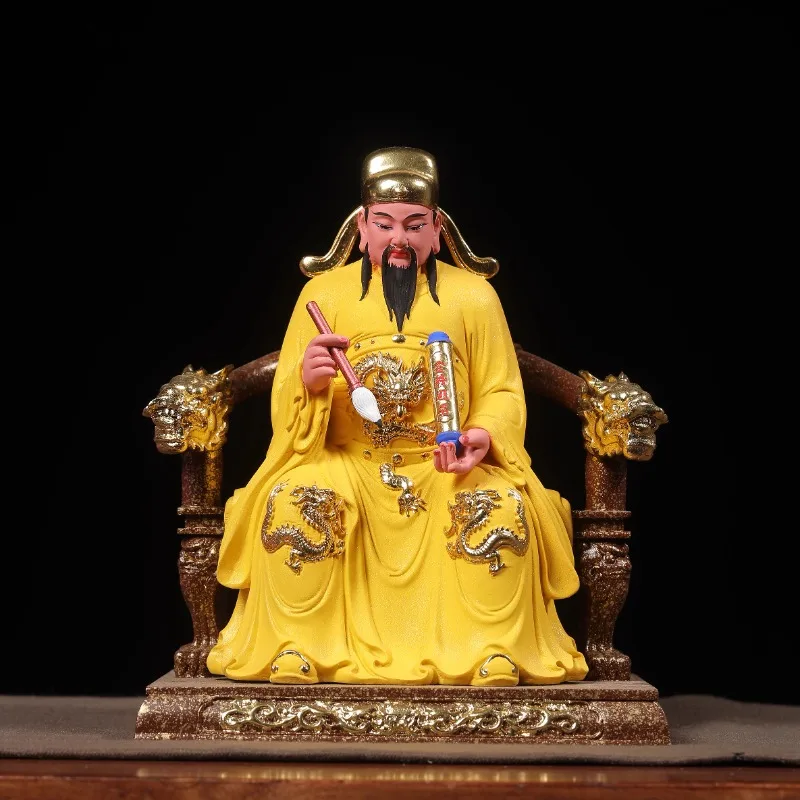 Hand Carved Wooden Painted Gilded Wenchang Dijun Statue w/ Brush Scroll - God of Exams Study Success Ornament Home Office Desk