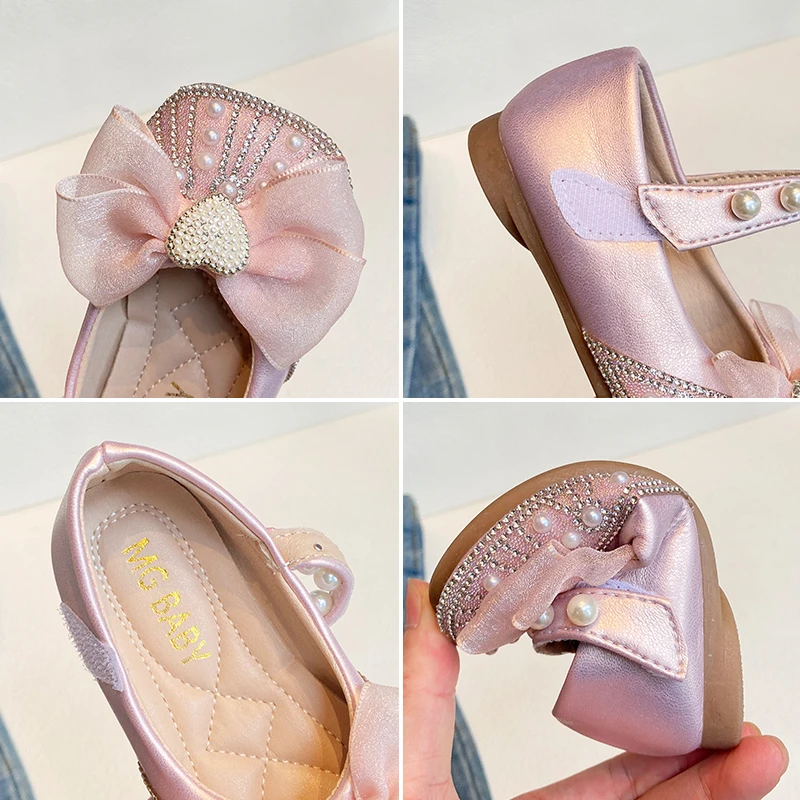 Girls Sandals 0-6 Years Old Pink Bow Pearl Girls Princess Shoes Beige Flat Non-slip Baby Walking Shoes Children Single Shoes