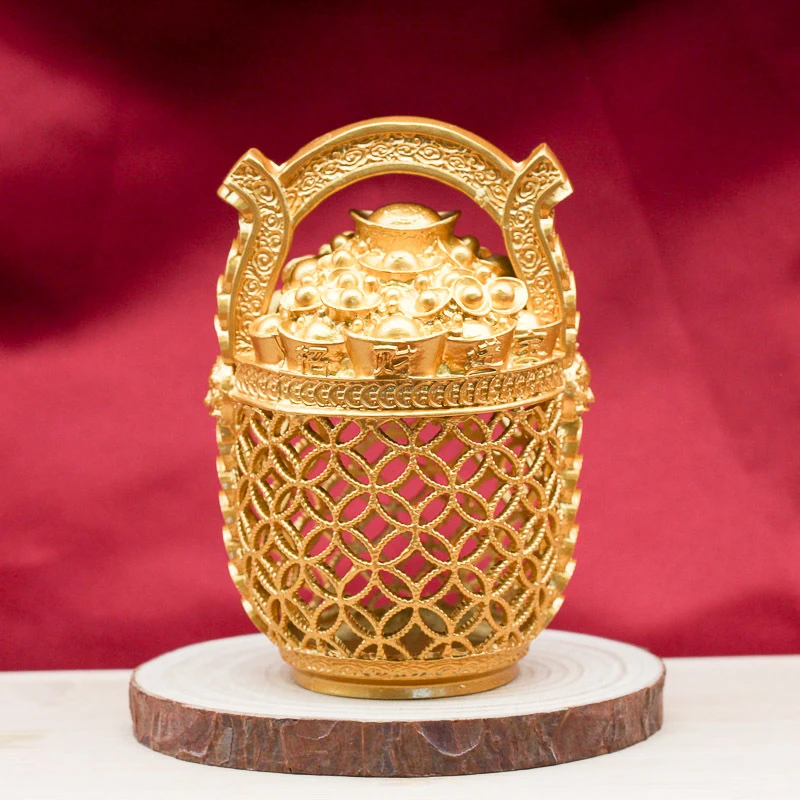 Chinese-style hollowed-out gold ingot bucket, treasure bowl, home living room decoration, fortune-attracting ornament
