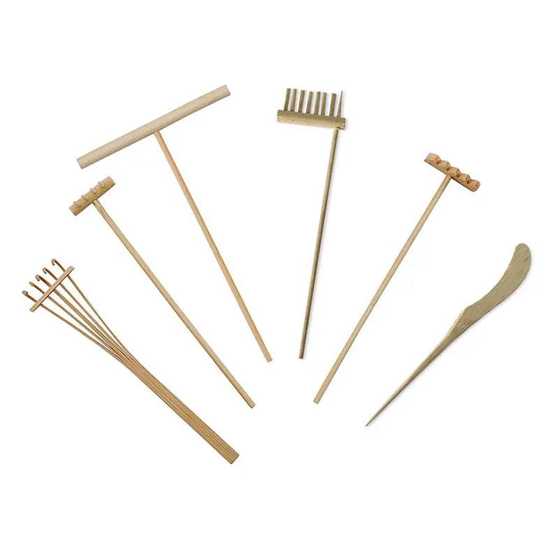 FBIL-12X Mini Japanese Zen Garden Rake Bamboo Tool Set, Wooden Sandbox Sand Play Therapy Kit