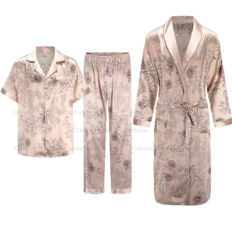 Long Sleeved Bathrobes Ice Silk Pajama Suit Men's Spring and Autumn Satin Thin Nightwear Print Bathrobes Home Clothing Summer