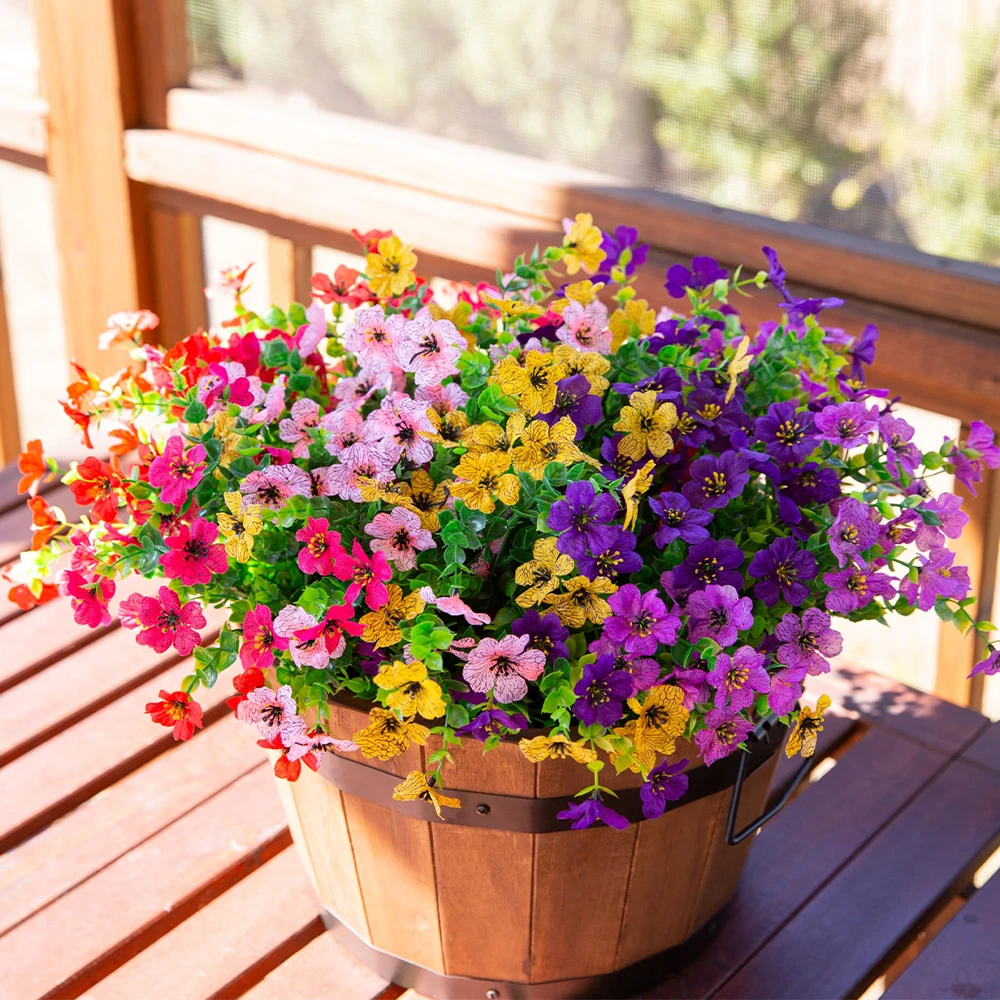8 Stück künstliche Blumen, gemischte Farben, künstliche Blumen, Kunststoff, Frühlingsblumen, Kunstpflanzen für Veranda, Fenster, Ostern, Heimdekoration im Freien – Detail 1