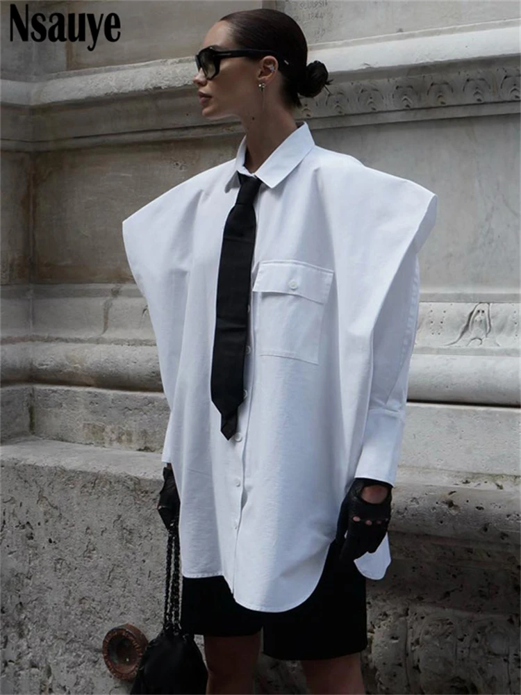 

Nsauye женский белый модный повседневный свободный пуловер большого размера, базовая блузка, рубашка 2025 с длинным рукавом и отложным воротником, сексуальный элегантный топ