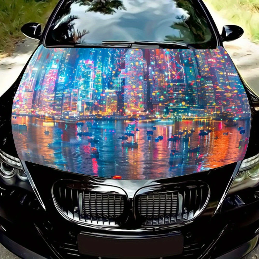 Easy-to-install colorful cityscape pattern Car hood film, stickers - car vinyl wraps, bubble-free design, Waterproof, easy self-