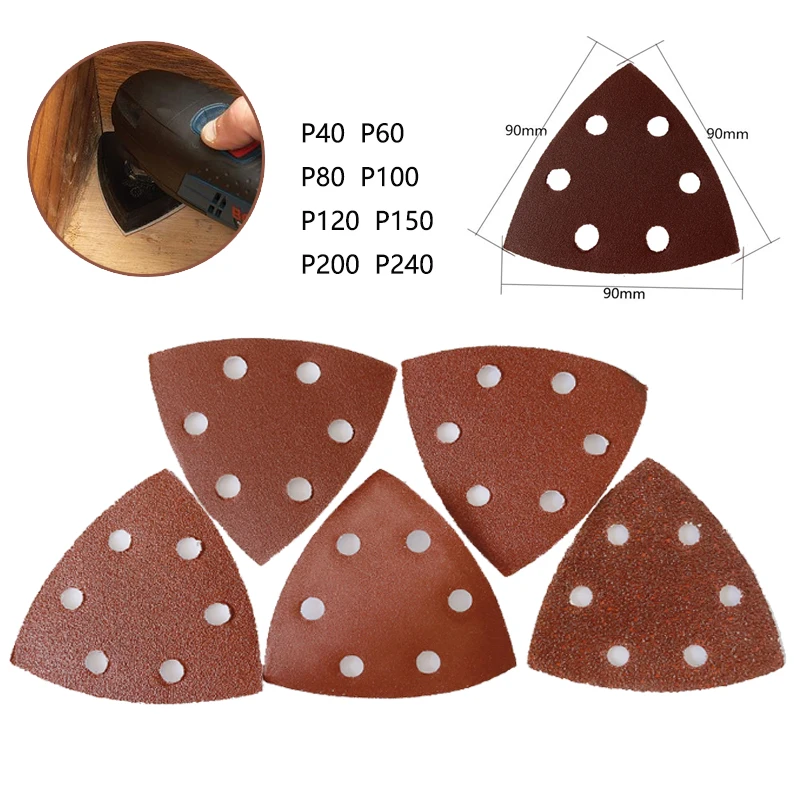 10Pcs 90*90*mm 6 Hole Sanding Sheets Triangle Sandpaper Hook & Loop 40 -240 Grits Abrasive Sanding Disc For Wood Sanding