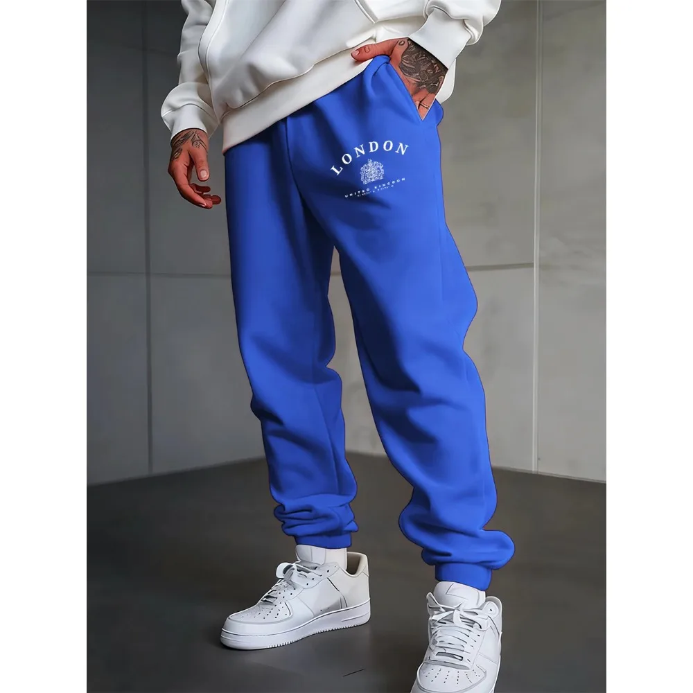 

London Uk Royal Badge Printing Sweatpants Men'S Winter Jogger Pants Pocket Elastic Waist Fleece Trousers Casual Men Sportswear