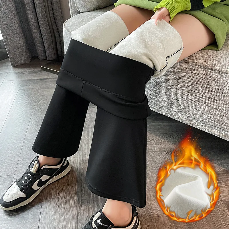Women's Fleece-lined Leggings High-waist Stretch Winter Windproof Bell-bottoms Black Thickened Slim Sports Yoga Cycling Pants — купить у AliExpress WW