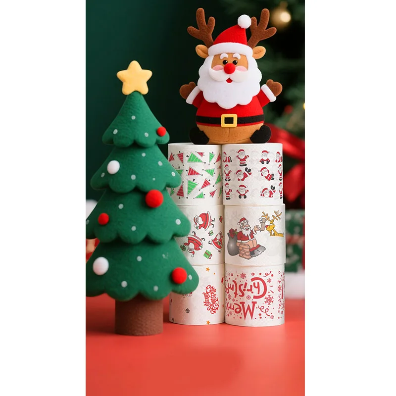 1 لفة من لفات ورق التواليت لعيد الميلاد - تصميمات عطلة رجل الثلج سانتا الرنة الاحتفالية، مع سطح أحمر وتصميم شجرة دائمة الخضرة #2