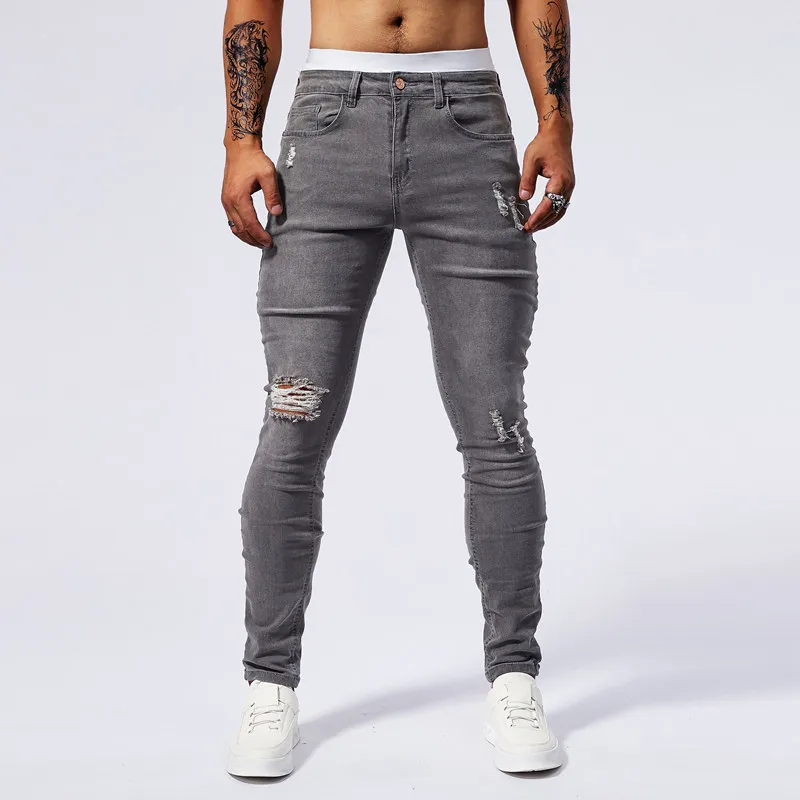 Slanke Gescheurde Stretch Jeans Heren Hiphop Gaten Mode Amerikaanse Biker Hoge Elasticiteit Skinny Casual Denim Broek Man