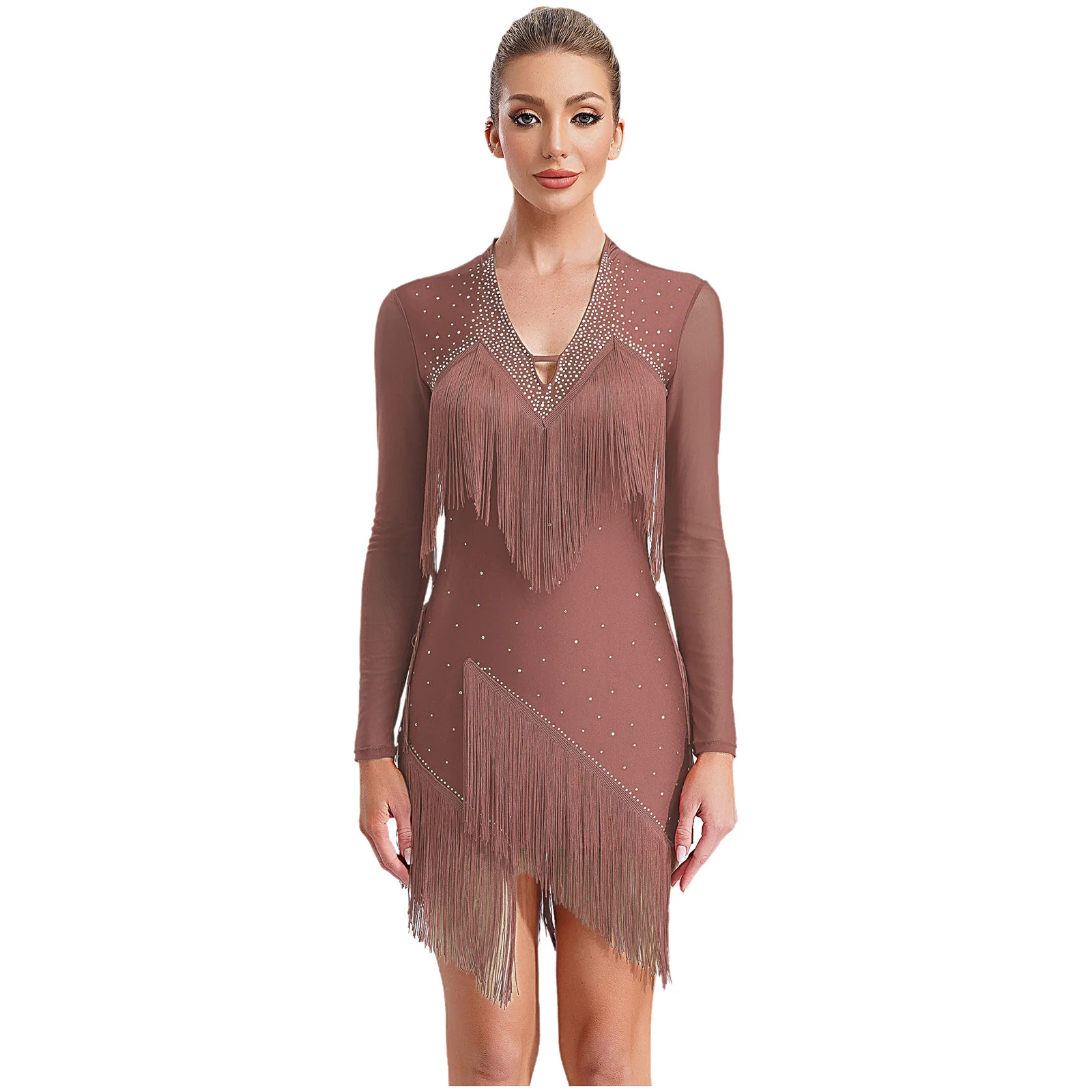 Dance Temperament Performance Dress Womens Latin Chacha Dancewear Long Sleeve Tassel Shiny Rhinestone Fringe Stage Showing Dress