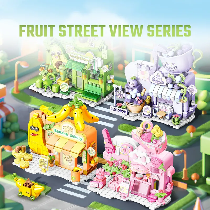 SEMBO Fruit Streetscape Dessert Shop Architecture Model Building Blocks City Streets View Bricks Ornaments Girls Toys Kids Gifts