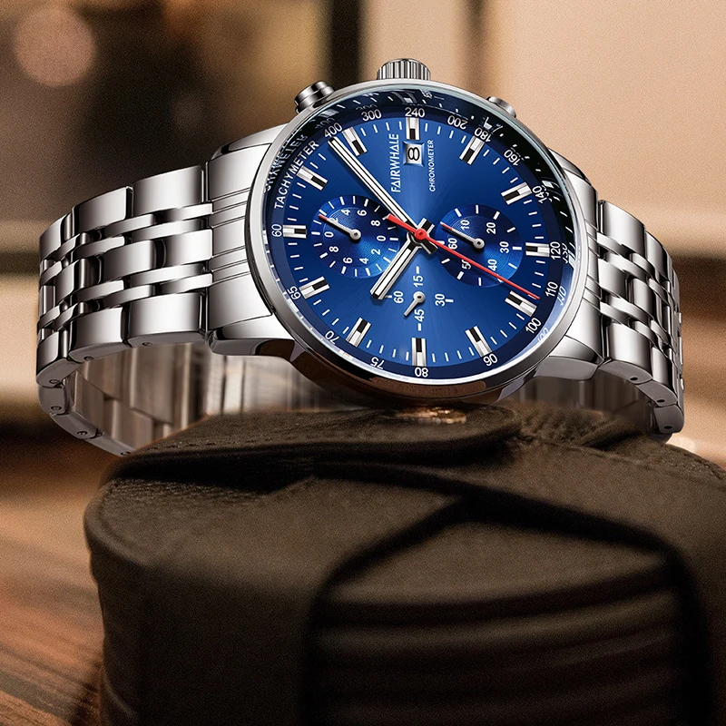 Luxury Men's Army Green Dial Watch High-Quality Steel Waterproof Chronograph Quartz Wristwatch