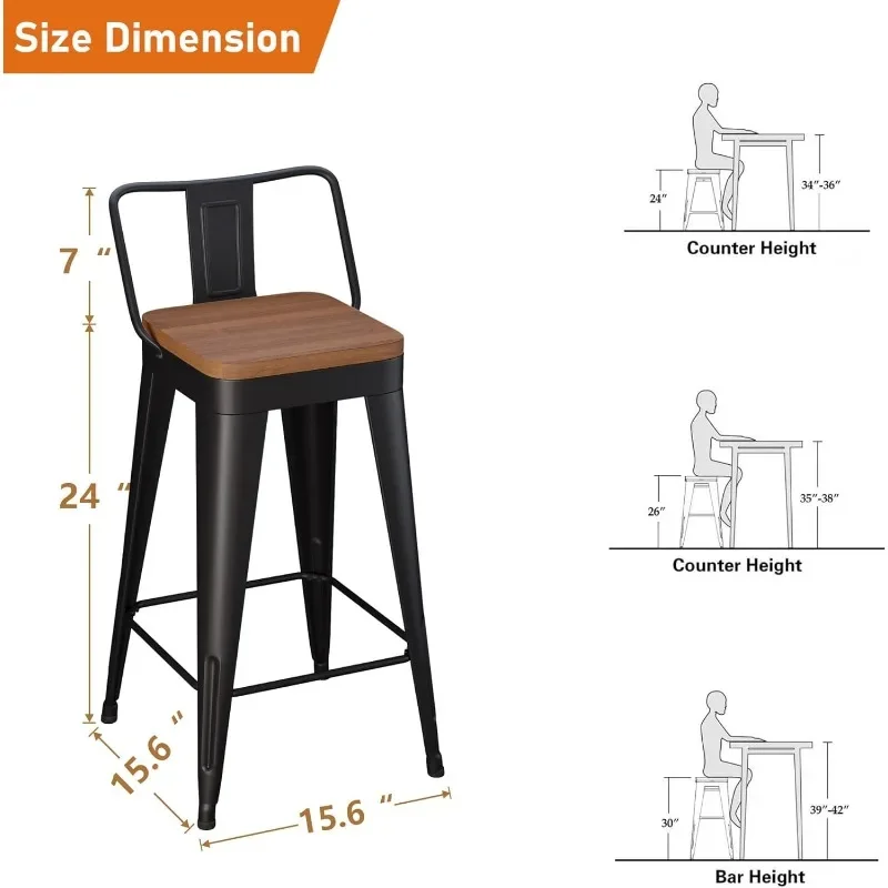 Taburetes de bar Juego de 4 taburetes de bar de metal altura de mostrador negro, sillas de bar modernas de 24" con respaldo y madera