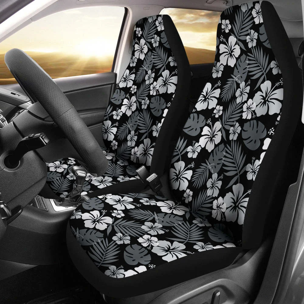 INSTANTARTS Black With Hibiscus Pattern In Gray and White Car Seat Covers Hawaiian Universal Front Seat Protective Cover Gifts