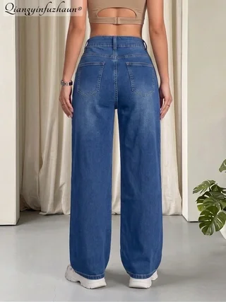 Wide waistline design washed denim high-waisted straight-leg loose pants for women, suitable for pear-shaped figures, ideal for