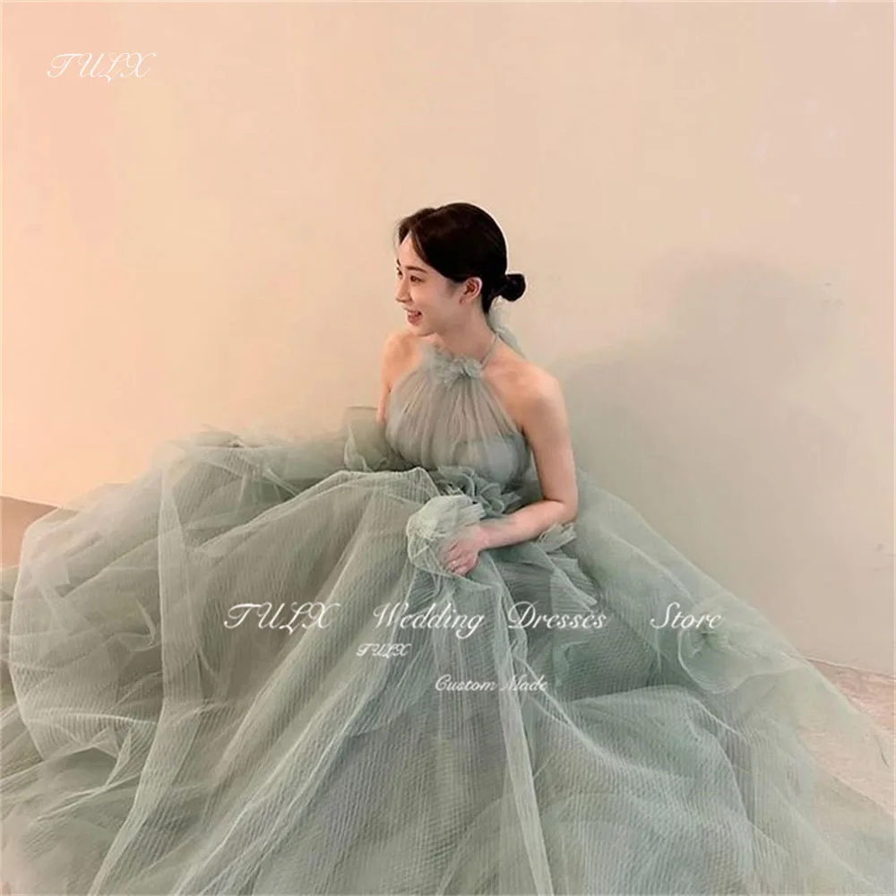 TULX Fairy Green Tulle Korea A Line Evening Dresses Halter Ruffles Pleats Sleeveless Formal Gown Photo Shoot Wedding Party Dress