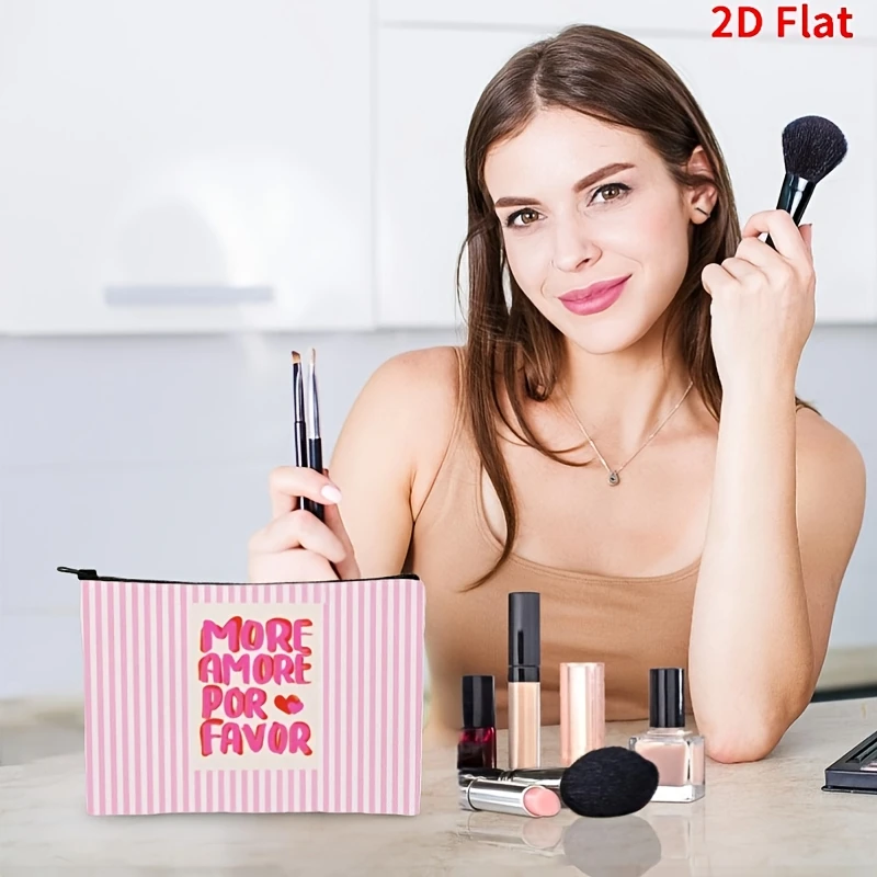 More Amore Por Favor Cosmetic Bag Pink Stripe Letter Print Zipper Pouch Women Travel Makeup Storage Purse Romantic Gift For Her