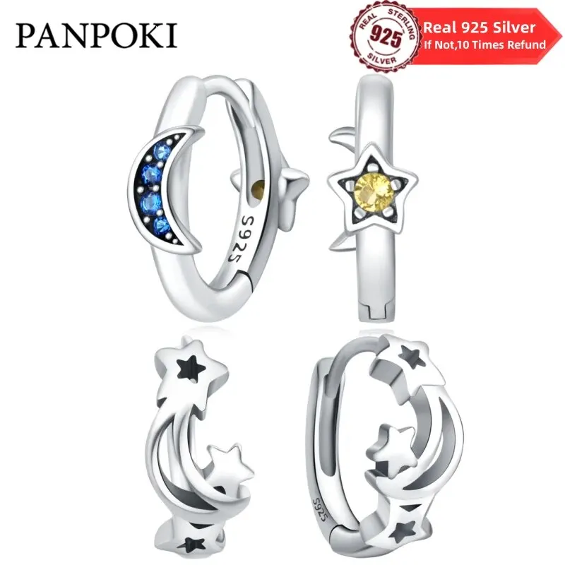 Authentic 925 Sterling Silver Shining Stars And Moons Hoop Earrings Inlay Zircon For Women Evening Party Birthday Jewelry