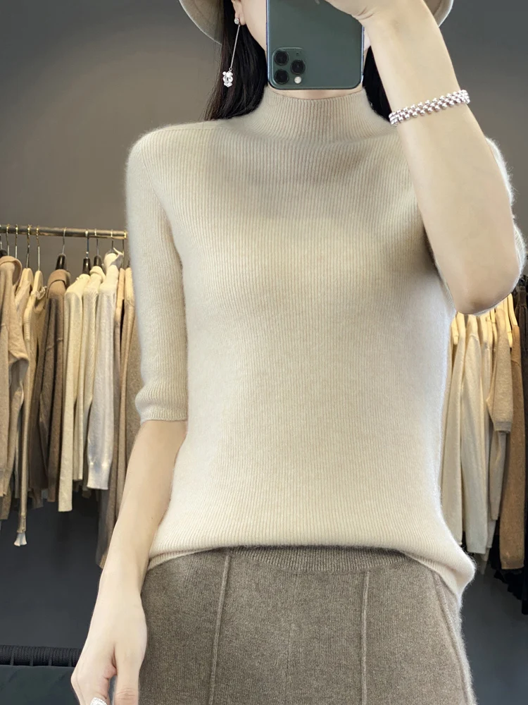 Women 100%Merino Wool Sweater 2024 New Short Sleeve Pullover Spring Autumn Mock-Neck Basic Female Jumper Soft Shirt Girl Clothes