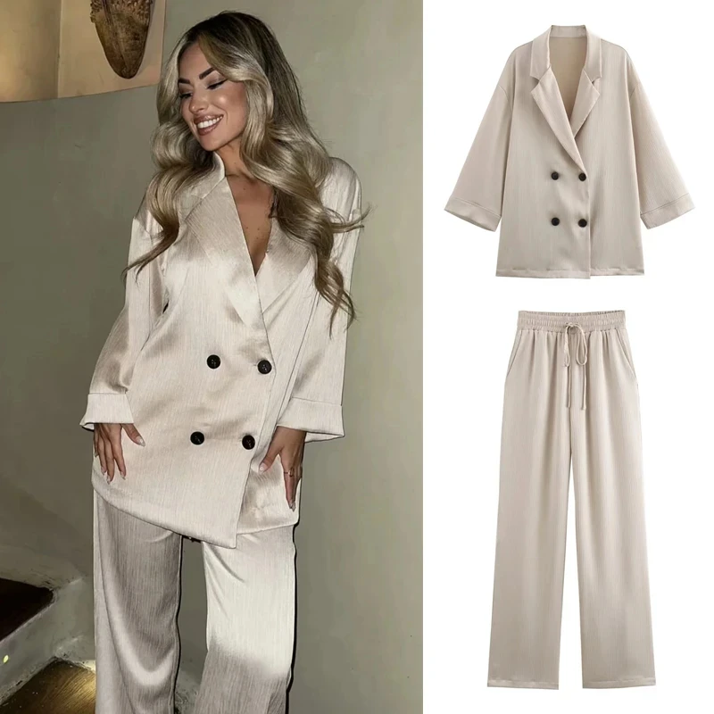 

PB&ZA Women's 2024 Summer New Arrivals Wrinkled Double-Breasted Suit Jacket 4387/127 Casual Straight Trousers 4387/027