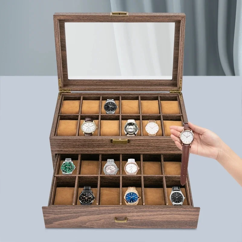 New 24 Slots Watch Storage Box Double Layer PU Leather Watch Organizer (34×21×15cm) with Glass Cover Lockable Watch Display Case