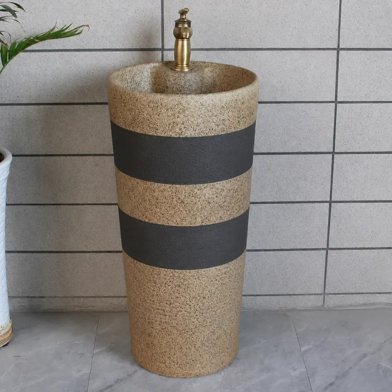 Ceramic Column Basin Integrated Pedestal Sink Small Space Balcony Outdoor Floor Washbasin Antique Style Bathroom Lavatory