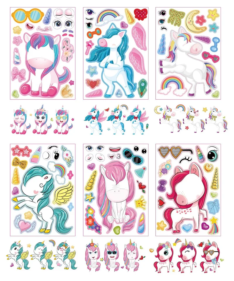 6 Sheets/Set Cartoon Unicorn Make A Face Assemble DIY Sticker Children Handmade Creative Kawaii Stickers Decoration