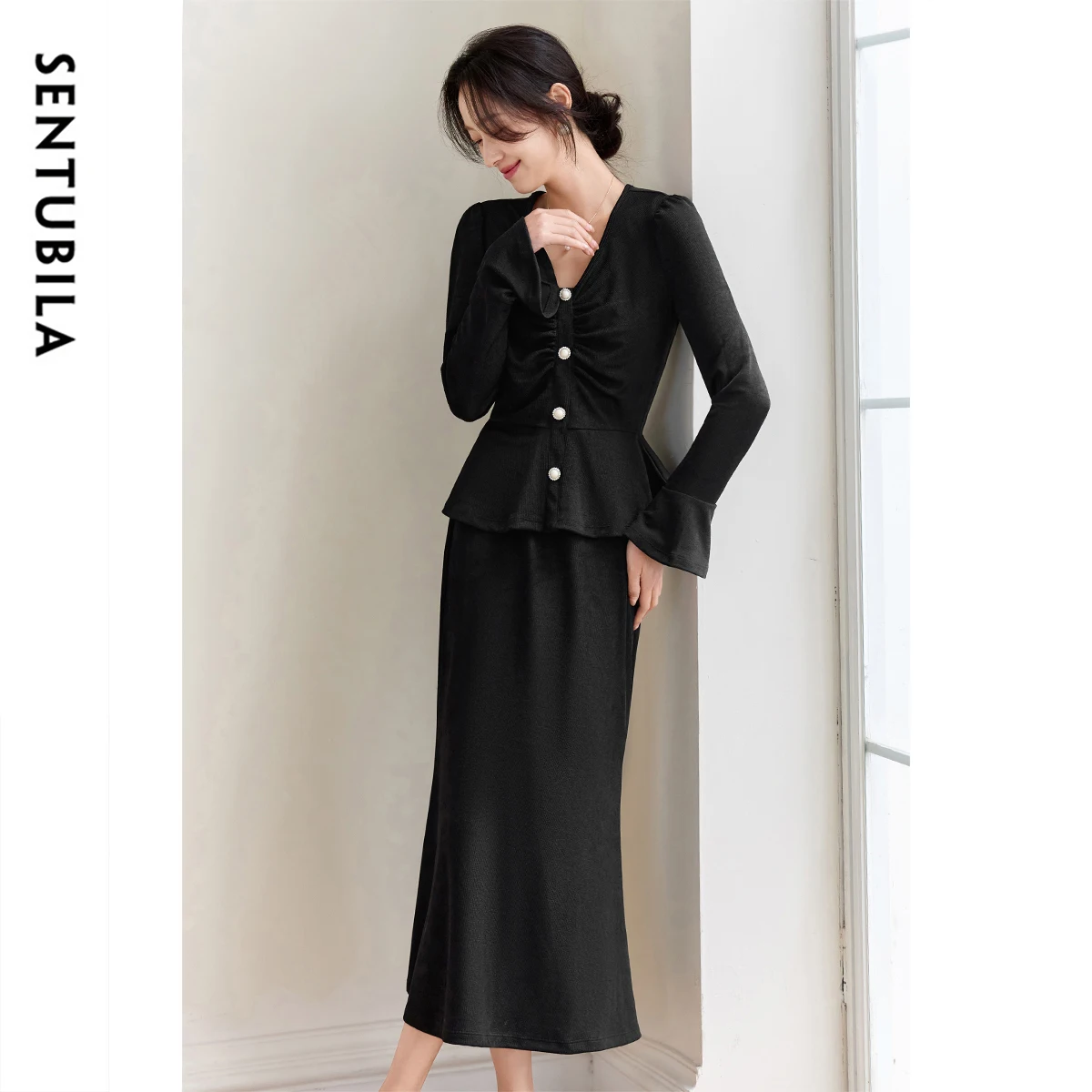 

SENTUBILA Party Outfit Woman Fishtail Skirt Set Autumn 2025 Flare Sleeve Button Top Butterfly Hem Skirts 2 Piece Set W51Z80246