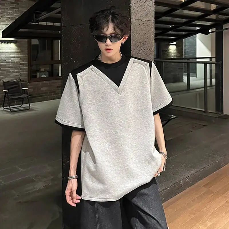 Shoulder Padded Male Tees Contrast Color Short Sleeved Round Collar Niche Design Fake Two-piece Pullover Men's Tops 9WWNEQ