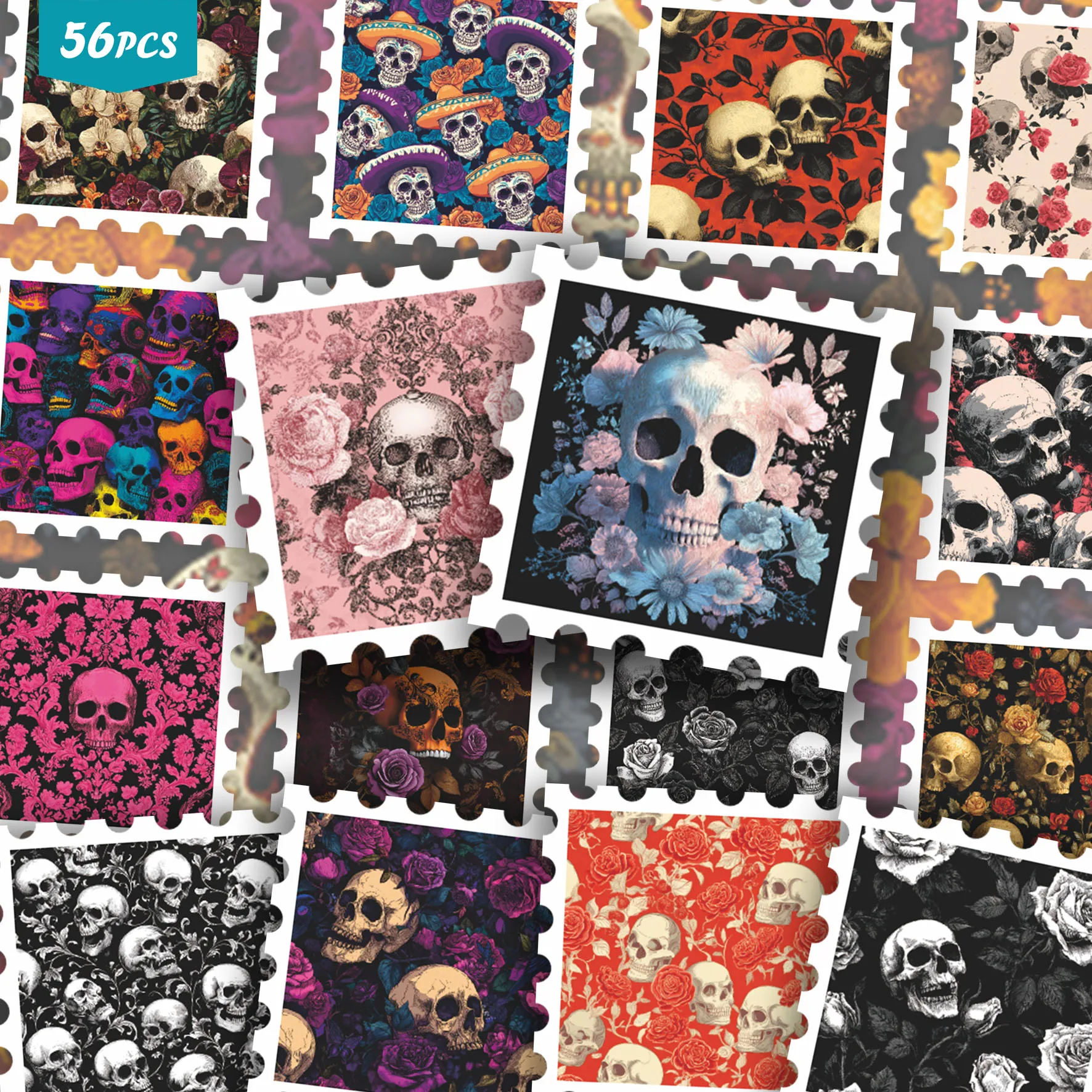 56PCS Floral Skull Stickers for laptops, Colorful Skeleton & Flower Prints, Perfect for Journaling Scrapbooking & Handmade Craft