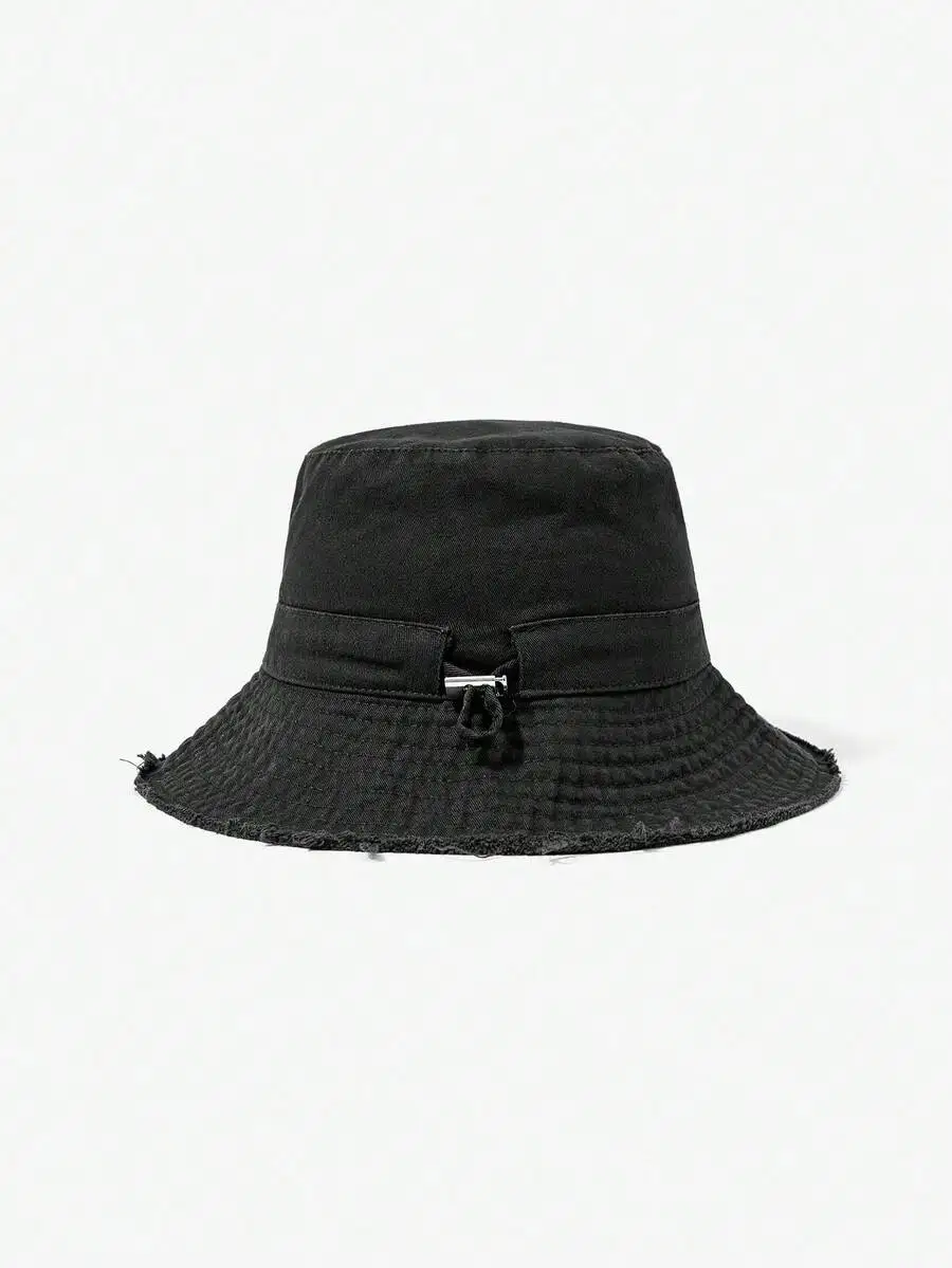 

Black Frayed Edge Tie String Bucket Hat For Festival Casual Wear