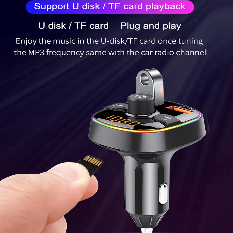 블루투스 호환 5.0 FM 송신기 무선 핸즈프리 자동차 MP3 플레이어 차량용 키트 FM 변조기 듀얼 USB 충전기 RGB 라이트