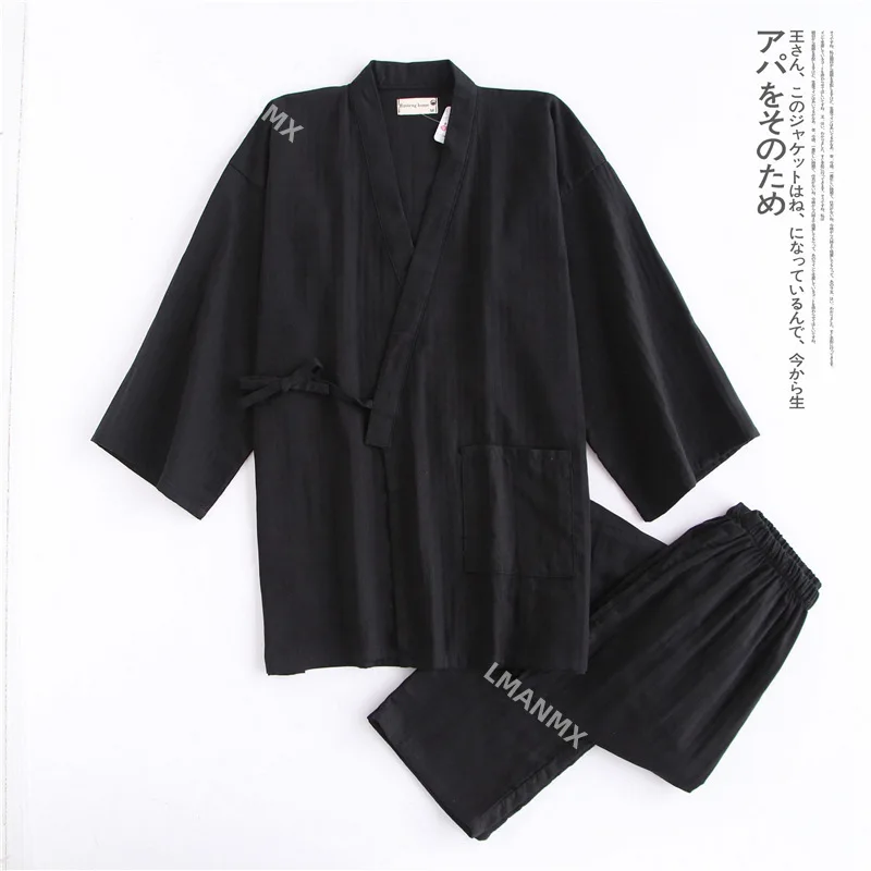 Japanese Style Kimono Cardigan Pants 2pcs Set Men\'s Nightwear Bathrobe Cotton Comfortable Home Suit Robe Sleepwear Daily Casual