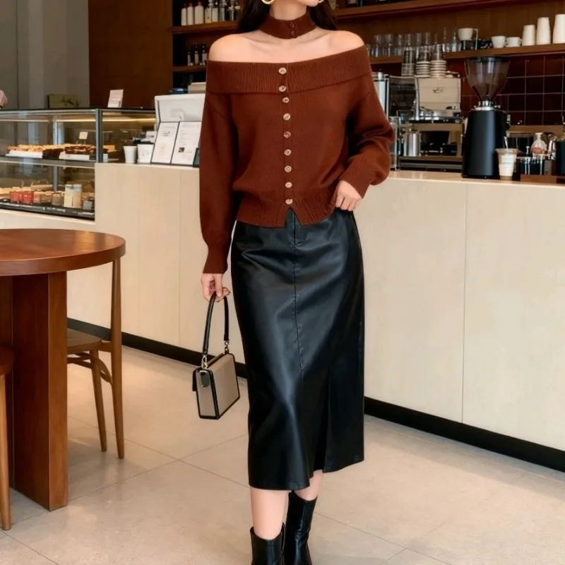 

Autumn and Winter Fashion New Women's Elegant Knitted Hoodie Hanging Neck, High End Design, Inner Long Sleeved Sweater Jumper