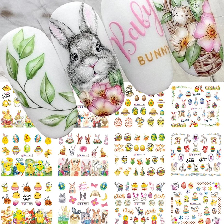 

12 дизайнерских наклеек для ногтей с мультяшными животными, милыми кроликами и разноцветными яйцами, водные переводные стикеры для пасхального дизайна ногтей своими руками.