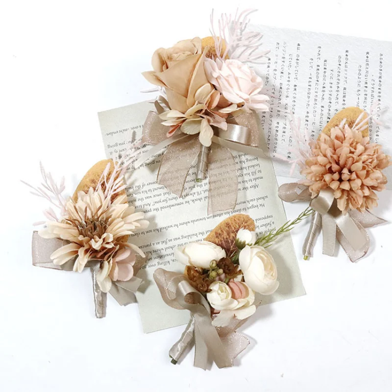 Vintage Coffee Artifical Flowers Groom Boutonnieres Handmade Buttonhole Pins Bridesmaid Marriage Wedding Accessoires