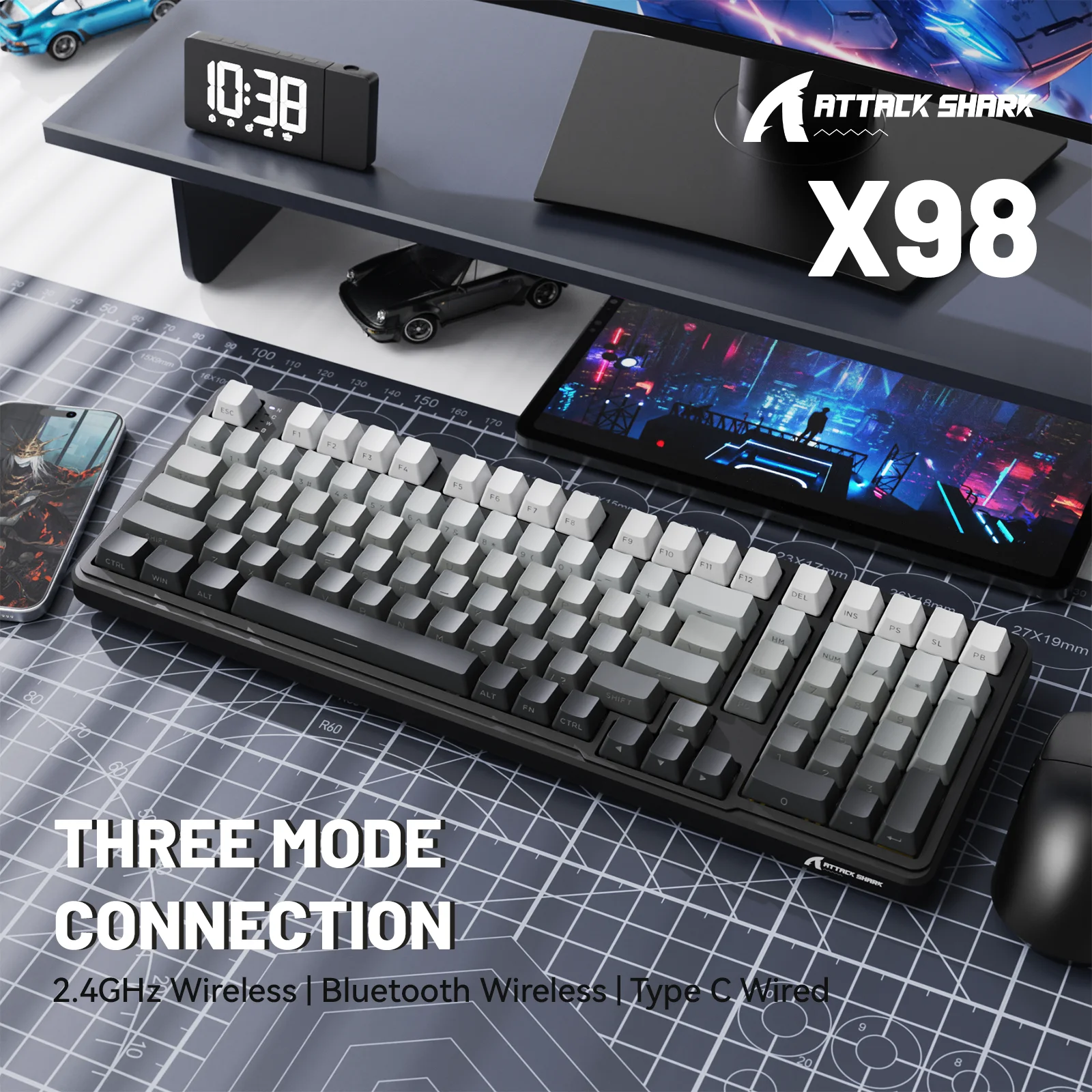 Attack Shark X98 Gaming Keyboard Wireless with Numeric Keypad,102Keys Hot-Swap RGB PBT Keycaps,4000mAh Battery,Support PC/Laptop