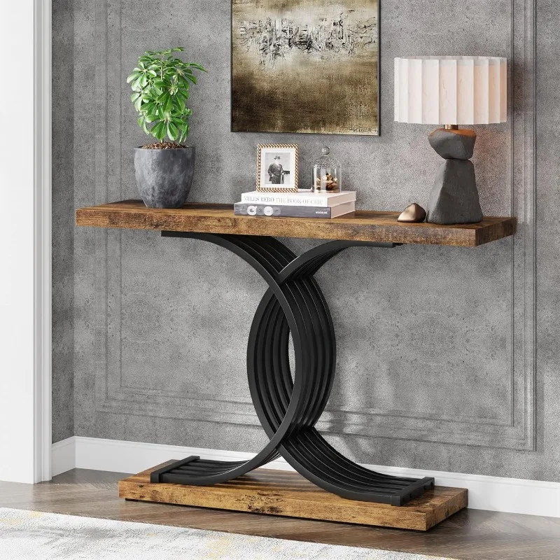 Industrial Entryway Table, 39-Inch Vintage Console Table Accent Table with Geometric Metal Legs, Narrow Wood Sofa Tab