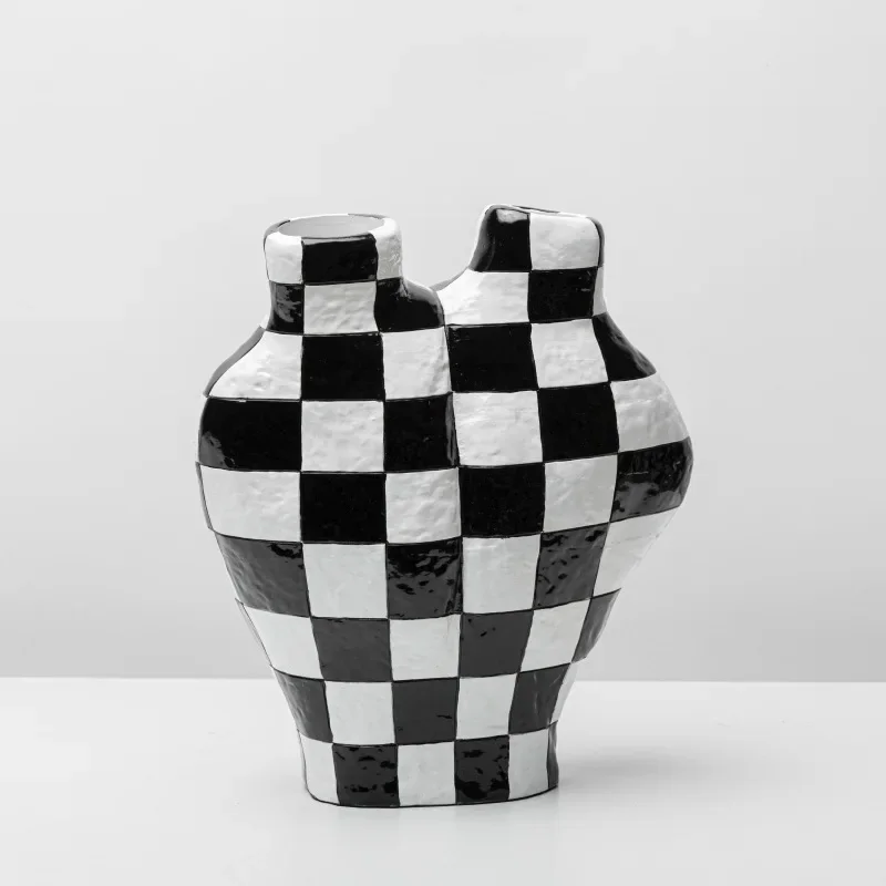 Creative Plaid Resin Vase Black and White Check Flower Vase Geometric Crafts Floral Arrangement Accessories Home Decoration