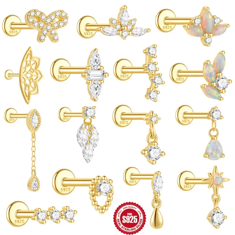Sterling Silver Stud Earrings for Girls Women, 14K Gold Plated All Over Hypoallergenic CZ Simulated Diamond Opal Earrings Gifts