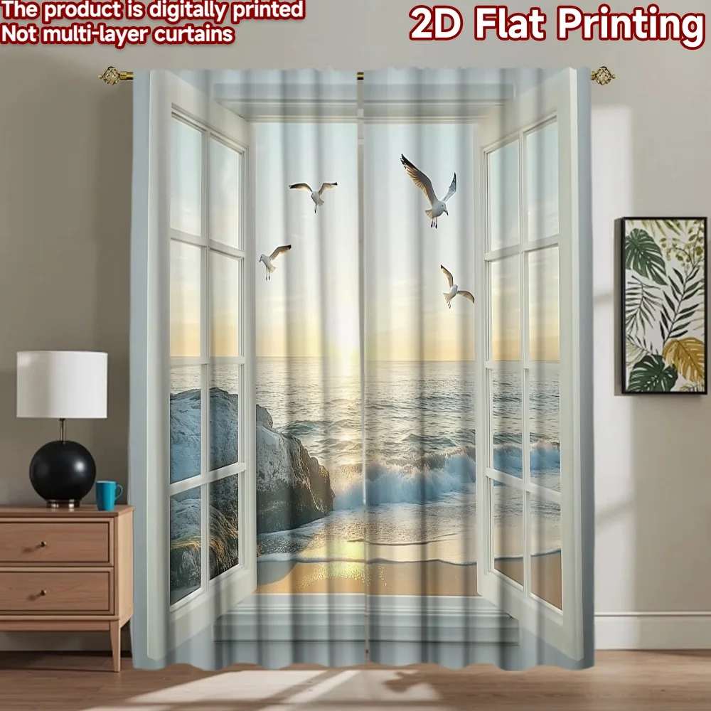 2D flat 2pcs Curtain Country Style Open Beach Sunrise Digitally printed polyester, colorfast Festive Holiday Perfect for Festive