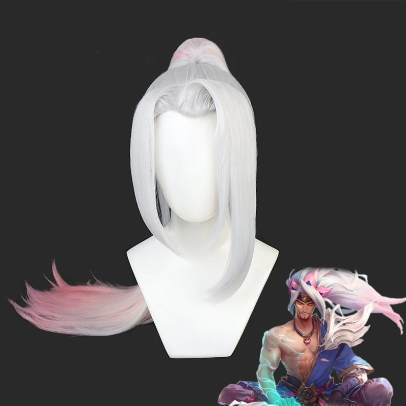 Yasuo Spirit Blossom LOL Pink Silver Chip Ponytail Cosplay Heat Resistant Synthetic Hair Halloween Carnival Party + Free Wig Cap