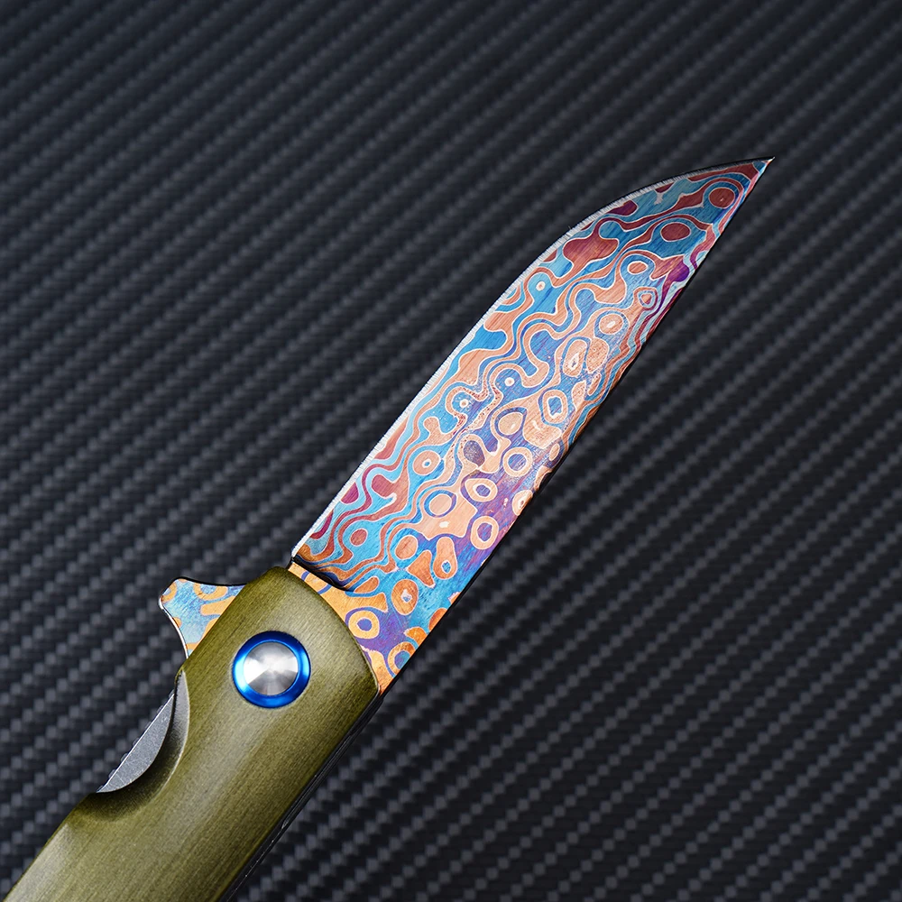 Blue Damascus Knife Aluminum Alloy Handle Outdoor Survival Camping Hunting Folding Knife Portable EDC Collection Pocket Knife view 3